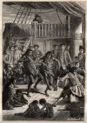 Louis Antoine, Conde de Bougainville (1729-1811) recebeu os habitantes da Baía de Fortescue (Detroit de Magalhães) no seu barco "La Boudeuse" em 1768 - ilustração de "The Great Mariners of the 18th century".