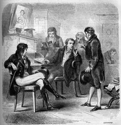 Louis Benoit (Louis-Benoit) Picard (1769-1828), escritor e comediante francês, representado no seu estúdio. Gravura de 1858.
