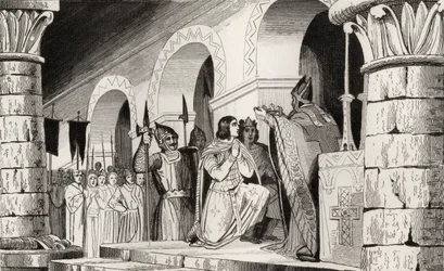 Luís III (863-82) e Carlomano (865-84) coroados juntos, de &39;Histoire de France&39; por Colart, publicado em 1840