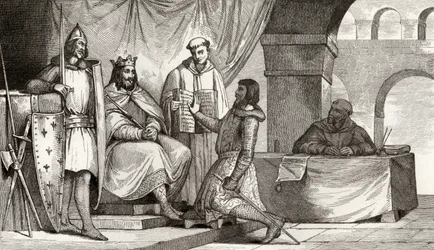 Luís II (848-79), o Gago recebe um juramento de lealdade de um nobre, de "Histoire de France" de Colart, publicado em 1840