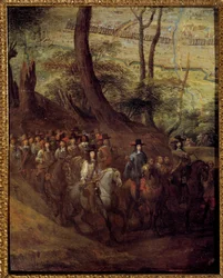 Luís II de Bourbon, Príncipe de Conde (Bourbon-Conde) (Grand Conde) (1621-1686) ou Duque de Enghien, sitiando uma cidade Pintura da Escola Francesa do século XVII. Sol 0,73x0,58 m
