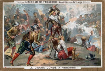 Luís II de Bourbon, Príncipe de Conde (Bourbon-Conde), conhecido como Le Grand Conde, na Batalha de Friburgo, em 1644. Cromolitografia do século XIX.
