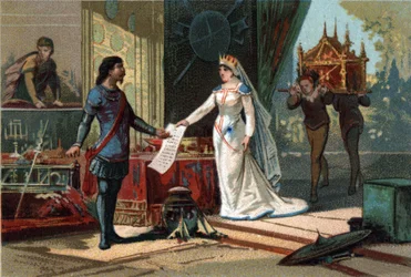 Luís II disse o Begue (846-879), rei de França recebendo da sua sogra (Richilde d