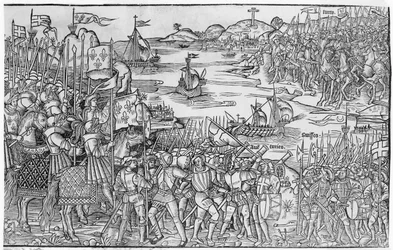 Luís IX da França, desembarcando em Damietta durante a Sétima Cruzada, de &39;Grande Viagem de Hierusalém&39;, publicado em 1522