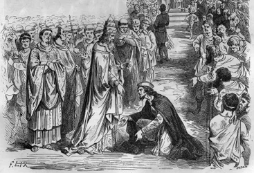 Luís I O Pio ou O Debonário (778-840) aos joelhos do Papa Estêvão V (Stefano, papa de 896 a 897). Gravação em "Histoire des Papes-Rois-Queen and Empereurs a travessa les centuries" por Maurice Lachatre