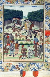 Louis Malet (1441-1516) Seigneur de Graville, caçando javalis, do Terrier de Marcoussis, depois de 1493