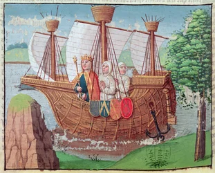 Louis VII embarcando para a Terra Santa com alguns monges cistercienses em 1145, miniatura de "Ogier le Danois", impresso por A. Verard, Paris