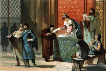 Louis VI dit Le Gros (1081-1137) deu as cartas dos correios das comunas. Cromolitografia por volta de 1890.