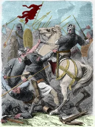 Louis VI disse "The Gros" (1081 - 1137), na batalha de Brenneville, tentou tirar a Normandia do Rei Henrique I de Inglaterra em 1119. Gravura em "Histoire De France En Cent Paintings de Paul Lehugeur "1891.