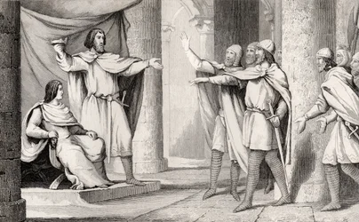 Louis V (967-87), o Mordedor, mostra sua coroa aos seus seguidores, de &39;Histoire de France&39; de Colart, publicada em 1840