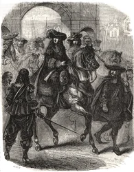 Luís XIV (1638-1715) e sua esposa Marie Therese (Marie-Therese) da Áustria (1638-1683) entraram em Paris em 1660. Gravura em "Histoire de France" de L.-P. Anguetil