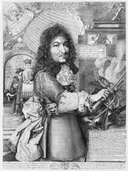 Luís XIV (1638-1715) esmagando a assim chamada religião Protestante Reformada com sua espada, 1685