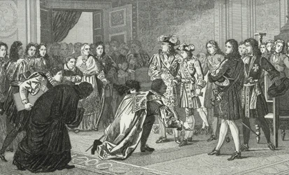 Luís XIV (1638-1715), o Rei Sol, apresenta seu neto Philippe V (1683-1746) aos enviados espanhóis, da "Histoire de France" de Colart, publicado em 1840