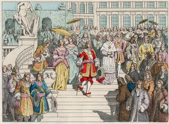 Luís XIV (Luís 14) e sua corte em Versalhes - Luís XIV da França e sua corte em Versalhes - Gravura do final do século XIX em "Nos Gires Nationales - Images et recits