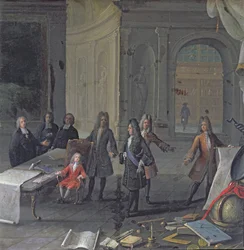 Luís XIV participando de uma aula de seu bisneto, o futuro Luís XV, c.1715