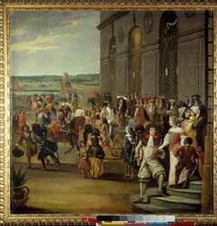 Luís XIV seguido do Grande Delfim montado em frente à caverna de Thetis (Thetys) em Versalhes Rei Luís XIV (1638-1715) e seu filho Luís de França chamado Grand Dauphin (1661-1711) em frente à caverna de Thetis (Thetys) rodeado de cortesãos