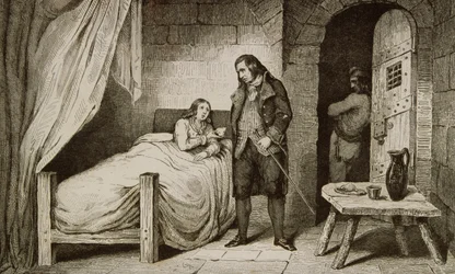 Luís XVII (1785-95) doente e encarcerado, de &39;Histoire de France&39; por Colart, publicado em 1840