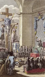 Luís XVI (1754-93) em seu julgamento, crucificado entre a nobreza e o clero, c.1792