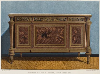 Louis XVI cômoda como fundo de guarda-roupa, ilustração do Dictionnaire de lameublement et de la decoração por Henry Havard, volume 1, placa 54, Paris, Maison Quantin, 1878