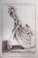 Louis XVI moda: um retrato de pé de uma jovem mulher com um vestido polaco em tafetá às riscas. Gravura de 1778. Paris, artes decorativas