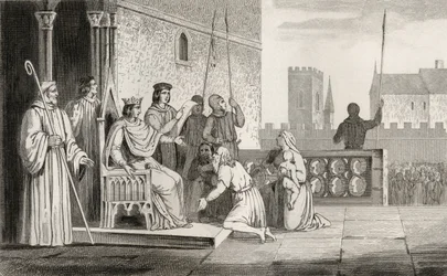Luís X (1289-1316), o Maligno, emancipa os servos de "Histoire de France", de Colart, publicado em 1840