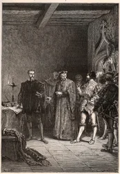 Louis de Berquin (1485-1529), cavaleiro e humanista, reformador religioso, libertado por Jean de la Barre (1523-1533) prevot de Paris - Louis de Berquin (à esquerda) libertado da prisão por John de la Barre - gravura de "L