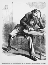 Lucien de Rubempré a pensar no suicídio, ilustração de Splendeurs et Misères des Courtisanes de Honoré de Balzac, publicado em 1867