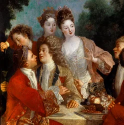 Almoço no Parc Des nobles, num banquete de campo. Pormenor da pintura da escola francesa do século XVIII. Museu de Belas Artes de Orleans