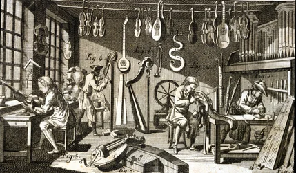A oficina do Luthier. Gravura - em Enciclopédia de Diderot e Alembert
