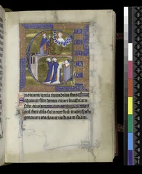 MS 300 f.107r, David reza a Deus (acima), dois clérigos (abaixo), do Saltério e Horas de Isabel de França, Paris, c.1265-70 (caneta e tinta e têmpera em pergaminho)