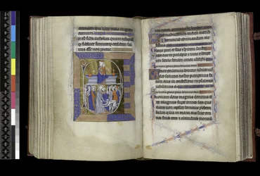 MS 300 f.177v-178r, Matins, Virgem e Criança sentados entre dois vasos no banco (acima); Traição de Cristo, com Judas beijando Cristo, e São Pedro cortando a orelha de Malco (abaixo), do Saltério e Horas de Isabel de França, Paris, c.1265-70 (caneta &