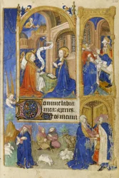 MS 39-1950 f.26r A Anunciação e Anunciação aos Pastores, 1464 (tinta dourada, prateada e colorida em pergaminho)
