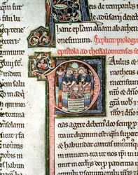 MS 3 Fol. 291v A fuga de São Paulo de Damasco, iluminada letra inicial P, do século 13, da Bíblia Avranches