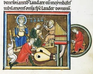 MS CXXXVII fol. 149r, Rei David segurando o saltério e músicos tocando, do Saltério de Santa Isabel (tempera & folha de ouro em velino)