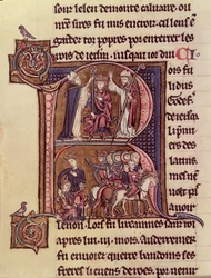 MS Fr 9081 f.99v Historiated R inicial mostrando o rei Baldwin I de Flandres (1171-1205) sendo coroado como o imperador latino em 1204 e sua generosidade para com uma mulher turca mandando seu filho embora