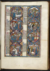 EM. Harley 1527, f.77r, miniaturas do moralisée bíblico (vellum)