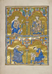 MS M.240 f.8r, Blanche de Castela e Rei Luís IX da França e abaixo: Autor Ditando para um Escriba, Bíblia de São Luís (Bíblia moralizada), provavelmente Paris