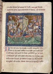 MS Marlay Add 1, fól. 86: Página de texto com iluminura de uma batalha naval, de De Re Militari, c. 1270