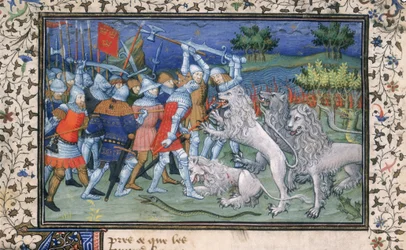 MS Royal 20 B.XX fol.50v Alexander the Great (356-323 BC) batalha com leões brancos, de 