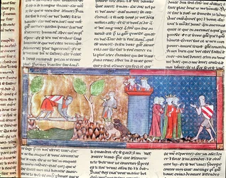 M. 806 f.166 Lancelote prova o seu amor por Guinevere ao atravessar um rio ligado por uma espada afiada, do Roman de Lancelot du Lac, 1344