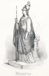 M Minerva: Deusa da cabeça de Júpiter, armada com o pé na capa e a lança na mão Sob o nome de Minerva, ela era deusa da sabedoria e sob o nome de Pallas, ela era deusa da guerra.