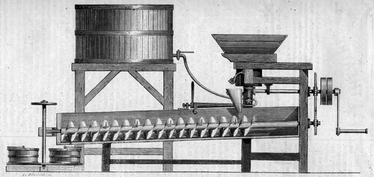Máquina para fazer argamassa de concreto. Gravura em "Le Monde Illustré" n°55 de 1 de Maio de 1858.