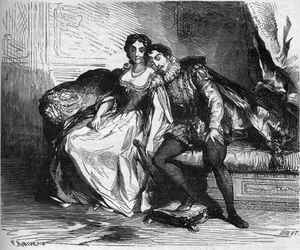 Madame de Sauve, em representação da Rainha Catarina de Medicis, seduziu o Rei Henrique de Navarra (1553-1610). Gravação em "A história da prostituição e do deboche entre todos os povos do mundo desde a antiguidade até os dias de hoje" pelo Dr. Th. -F. Deb