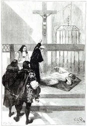 Madame de Sazilles é exorcizada na presença do duque Gaston d&39;Orléans, ilustração para os possuidores de Loudun em Les Mysteres de Ia Science, de Louis Figuier, 1886