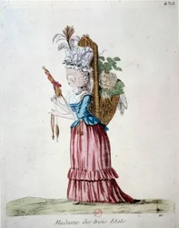 Madame dos Três Estados Uma mulher vestida elegantemente e carregando uma cesta de frutas e legumes representando os três estados na época da revolução francesa. Gravura de 1789. Biblioteca do Arsenal, paris