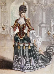 Mademoiselle Desmatins no papel de Psyche na ópera de Lully, c.1703 (gravura a cores)