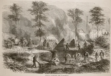Fazendo carvão para pólvora, ilustração da história de Cassells da guerra entre a França e a Alemanha, 1870-1871