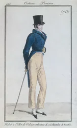 Equipa o fato com gola de veludo, botões de seda e calças de nanquim, 1816