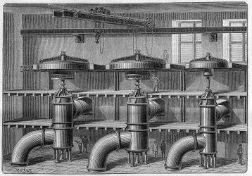 Fabricação de alumínio; instalação de turbinas e dínamos na fábrica de Neuhausen (Suíça). Gravação em "La Nature. Revue des sciences et de ses applications aux arts et a l