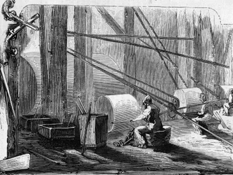 Fabricação de espingardas: polimento de cilindros de ferro com rodas de pedra. Gravação em "Le Monde Illustré" n°35 de 12 de Dezembro de 1857.